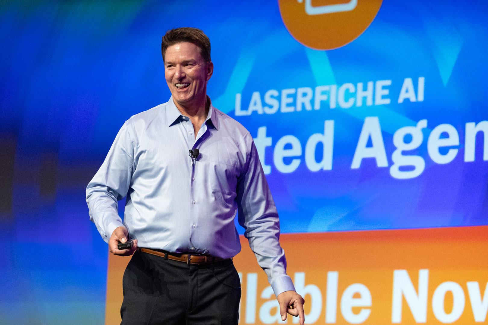 Scott Lingenfelter presenting on Laserfiche Agents at the Empower 2026 Product Keynote