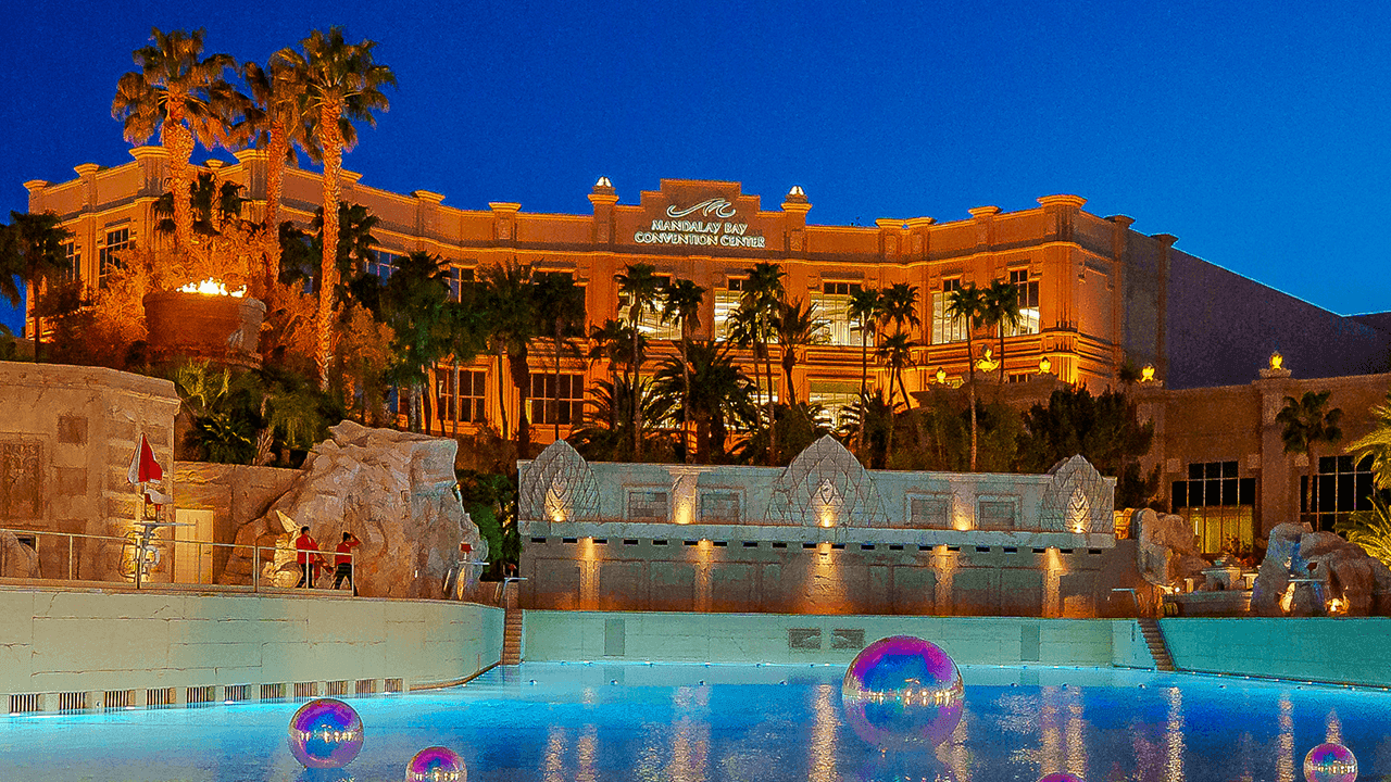 Mandalay Bay swimming pool at twilight.